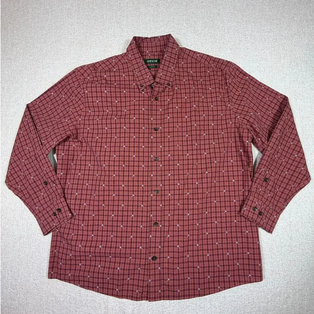 Orvis Active Fit Mens XL Orange Plaid Long Sleeve Casual Geese Outdoor Shirt